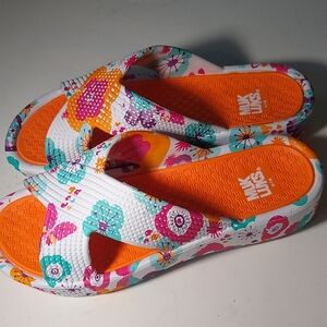 Muk Luks M (7-8) Floral Slide Sandals - Orange Pink Turquoise and White